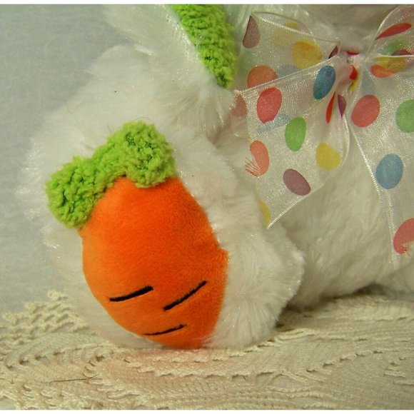 Easter Bunny Rabbit Plush White Carrot Paws Snow White and Soft Polka Dot Ribbon - Picture 3 of 5